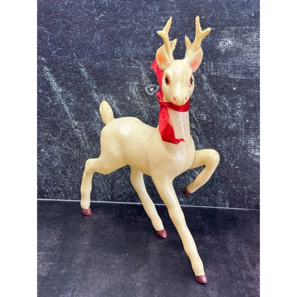 Vintage Large White Plastic Prancing Reindeer Pink Ears Mouth Midcentury 12" - Picture 2 of 12